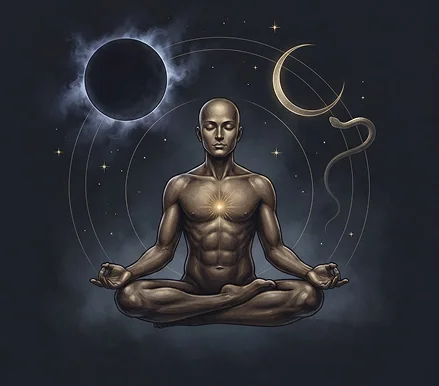 Meditating figure between the Moon and a dark planet, representing Rahu and Ketu in inner growth