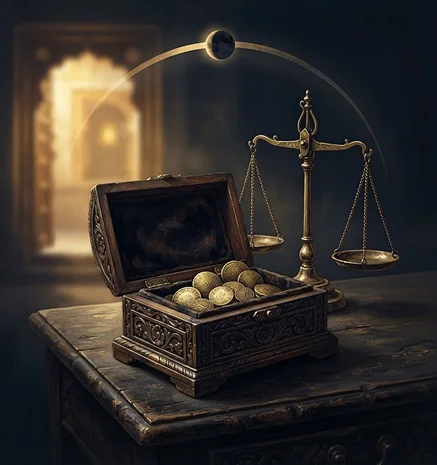 A symbolic still life representing wealth and the search for security