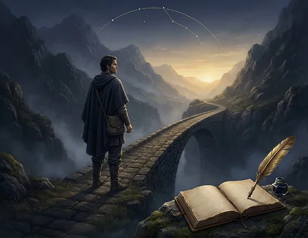 A traveler following a mountain path toward new horizons