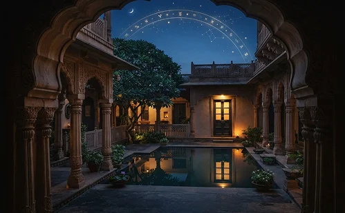 A peaceful courtyard home under a starry sky