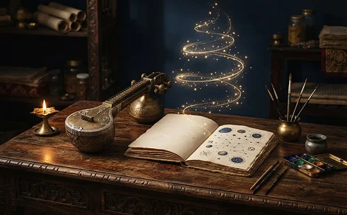A creative writing desk with a glowing celestial design