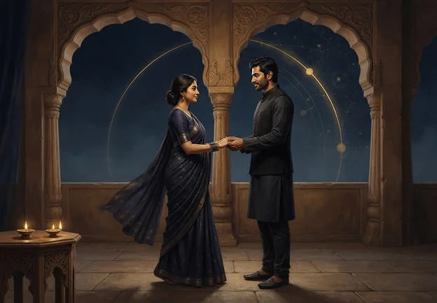 A couple meeting beneath an ornate archway