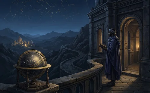 A traveler discovering a distant temple and celestial landscape