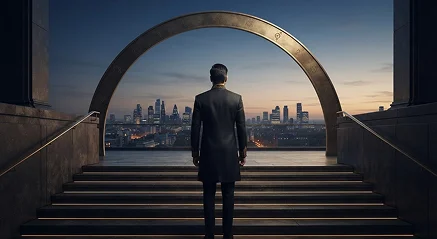 A professional standing before a city skyline and monumental arch