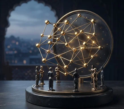 A networked celestial globe representing social connections and aspirations