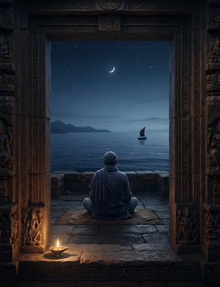 A person meditating beneath a night sky at a temple doorway
