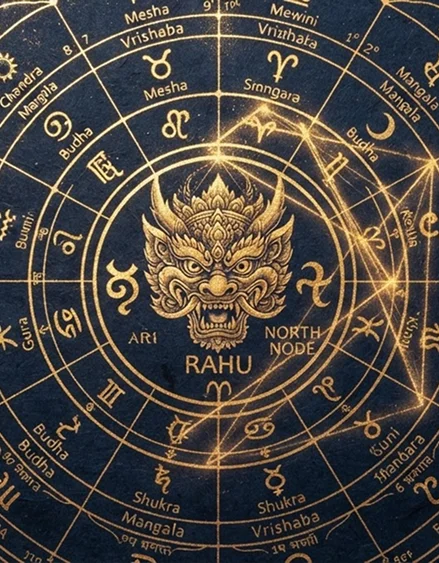 Vedic astrology chart illustration representing Rahu, the north lunar node